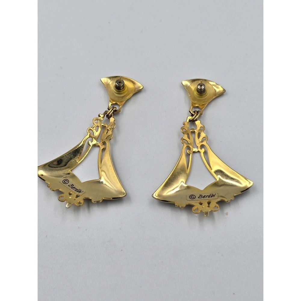 Vintage Edgar Berébi Black Enamel Gold Tone Dangle Earrings Art Deco Style - Picture 7 of 8